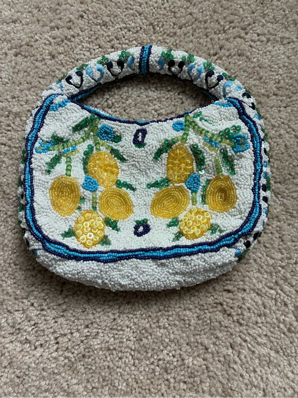 Hand Beaded Lemon Hobo Bag White Blue Citrus Statement Purse